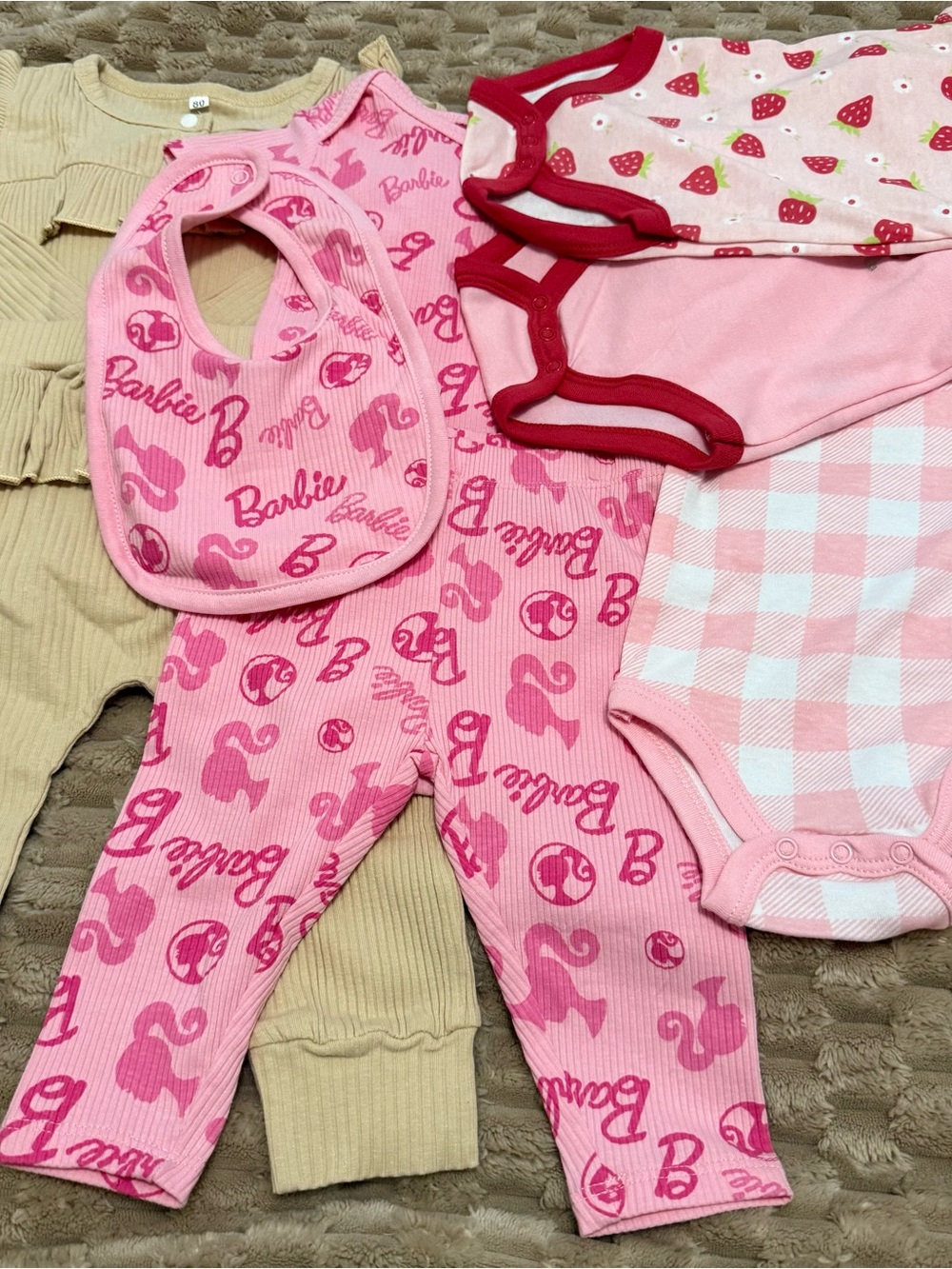 Barbie Pink Patterned Bib and Onesie Set with Strawberry Accents